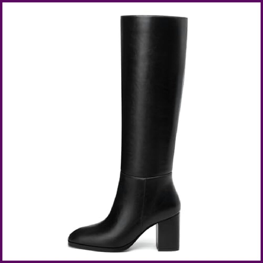 Knee High Boots Chunky Heel Square Toe 3 Inch Side Zipper Tall Boots - Picture 2 of 7